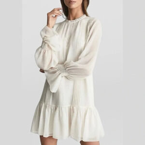 NWT Reiss Esme Shift Mini Dress Long Sleeve Ivory Size 2 Relaxed Fit Victorian